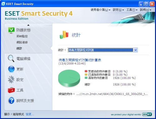 統計功能則可以針對幾個主要掃描範疇，了解受感染與清除物件比例，確實分析惡意入侵的源頭。 